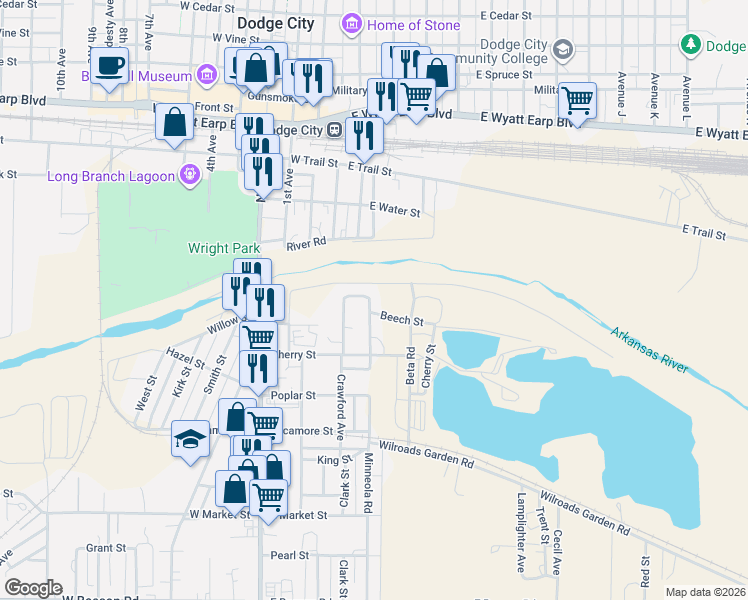 map of restaurants, bars, coffee shops, grocery stores, and more near 200-232 Minnola Road in Dodge City