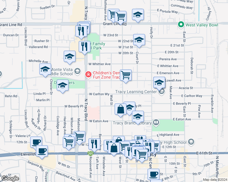 map of restaurants, bars, coffee shops, grocery stores, and more near 351 West Carlton Way in Tracy