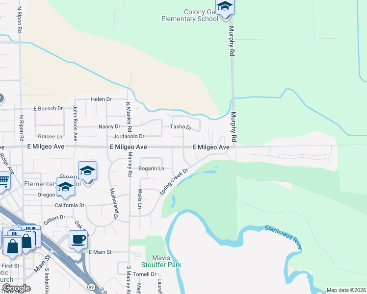 map of restaurants, bars, coffee shops, grocery stores, and more near 725 East Milgeo Avenue in Ripon