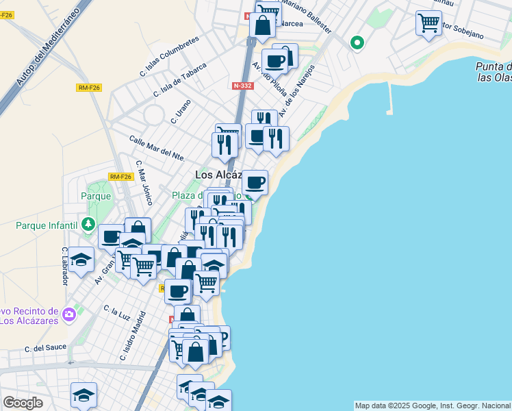 map of restaurants, bars, coffee shops, grocery stores, and more near 125 Paseo Espejo in Los Alcázares