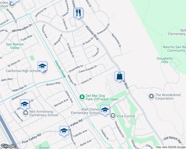 map of restaurants, bars, coffee shops, grocery stores, and more near 3288 Estero Drive in San Ramon