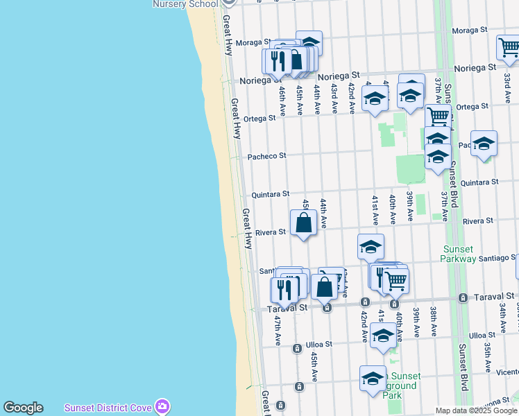map of restaurants, bars, coffee shops, grocery stores, and more near 2171 47th Avenue in San Francisco