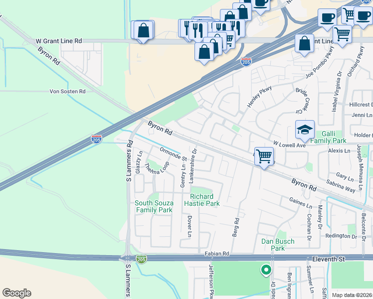 map of restaurants, bars, coffee shops, grocery stores, and more near 3038 Hull Court in Tracy