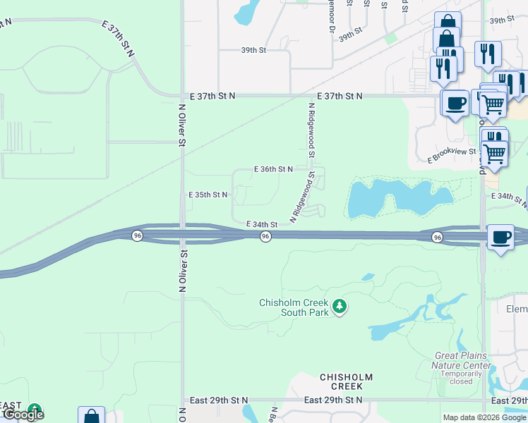 map of restaurants, bars, coffee shops, grocery stores, and more near 5200 East 34th Street in Wichita