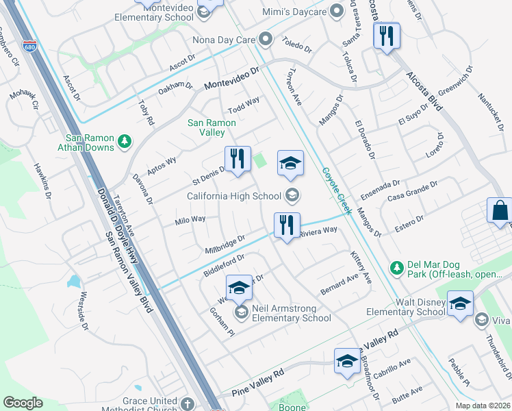 map of restaurants, bars, coffee shops, grocery stores, and more near 9887 Broadmoor Drive in San Ramon