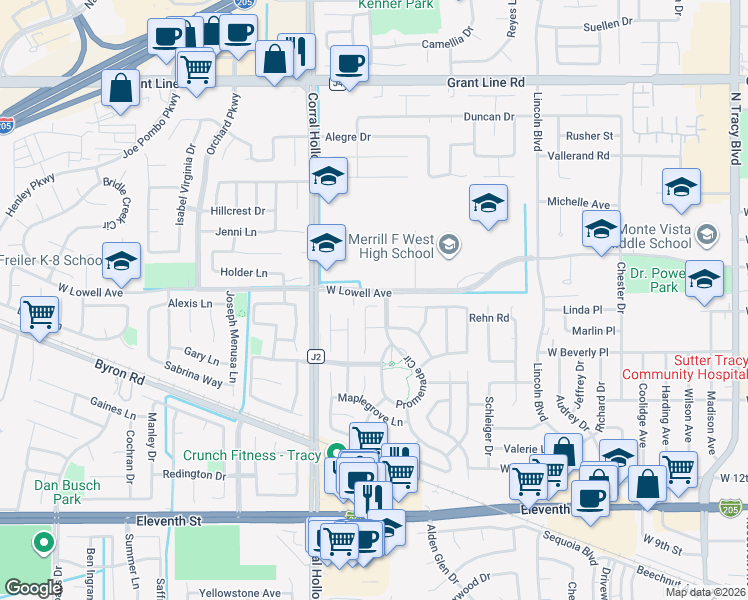 map of restaurants, bars, coffee shops, grocery stores, and more near 1843 Woodland Lane in Tracy