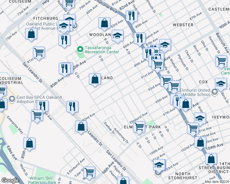 map of restaurants, bars, coffee shops, grocery stores, and more near 1039 91st Avenue in Oakland