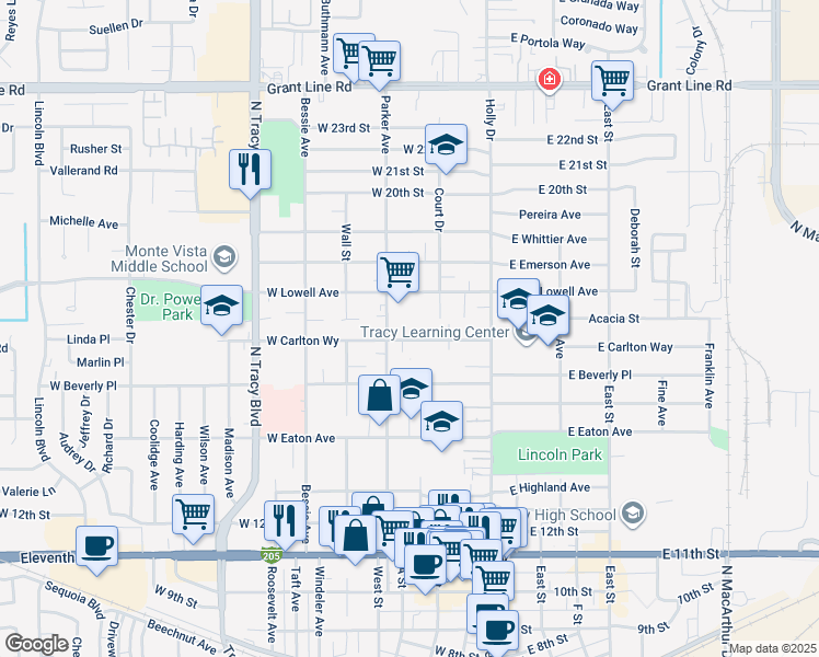 map of restaurants, bars, coffee shops, grocery stores, and more near 232 Carlton Way in Tracy