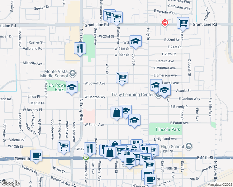 map of restaurants, bars, coffee shops, grocery stores, and more near 232 Carlton Way in Tracy