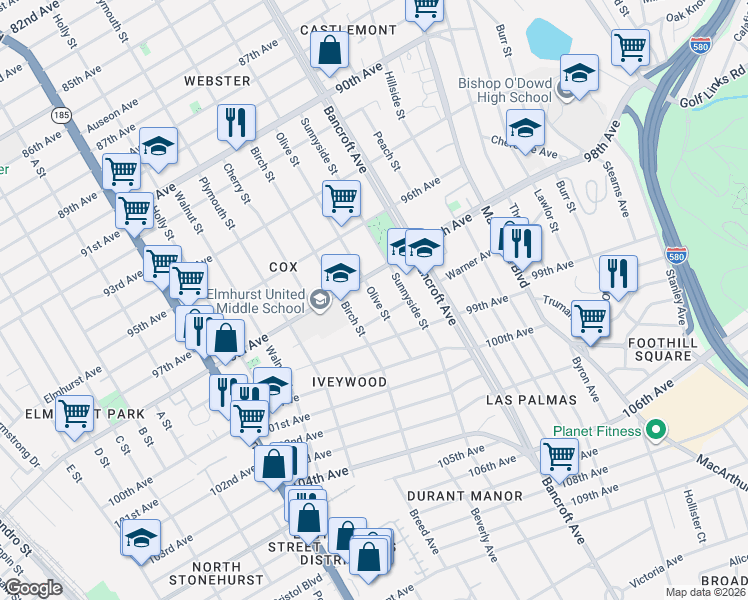 map of restaurants, bars, coffee shops, grocery stores, and more near 9851 Olive Street in Oakland