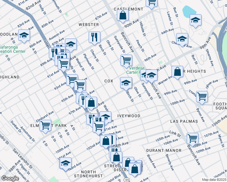 map of restaurants, bars, coffee shops, grocery stores, and more near 1641 98th Avenue in Oakland
