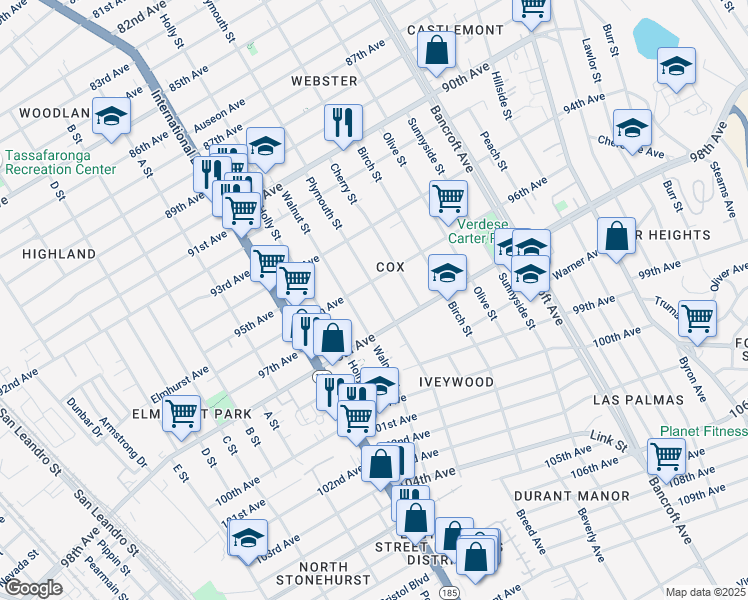 map of restaurants, bars, coffee shops, grocery stores, and more near 1641 98th Avenue in Oakland
