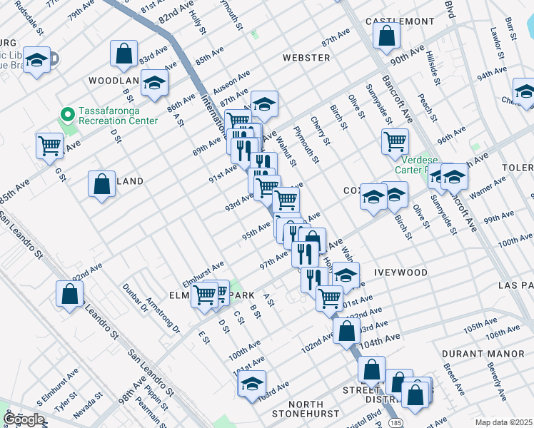 map of restaurants, bars, coffee shops, grocery stores, and more near 9525 International Boulevard in Oakland