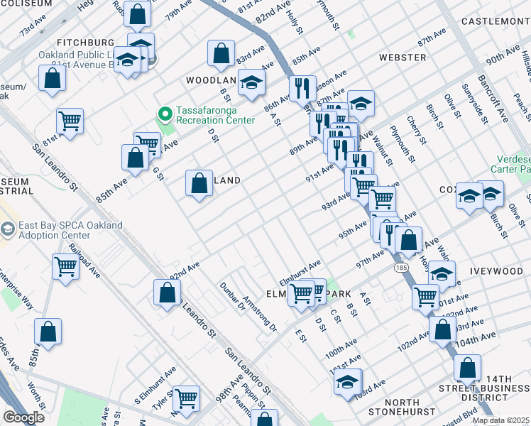 map of restaurants, bars, coffee shops, grocery stores, and more near 9223 C Street in Oakland