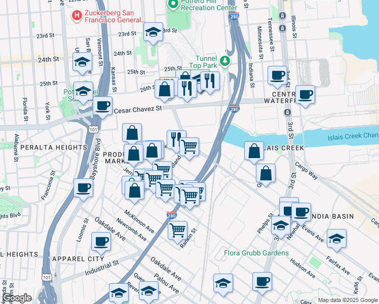 map of restaurants, bars, coffee shops, grocery stores, and more near 2050 Galvez Avenue in San Francisco