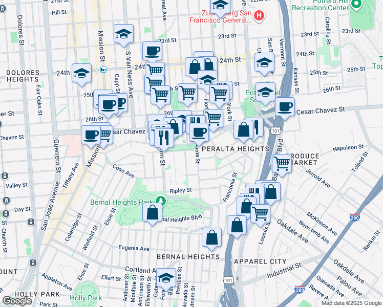 map of restaurants, bars, coffee shops, grocery stores, and more near 1681 Alabama Street in San Francisco
