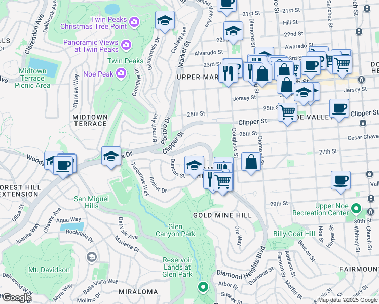map of restaurants, bars, coffee shops, grocery stores, and more near 135 Red Rock Way in San Francisco
