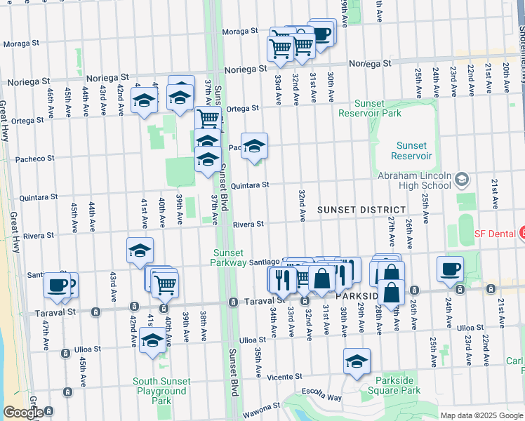map of restaurants, bars, coffee shops, grocery stores, and more near 2445 Rivera Street in San Francisco