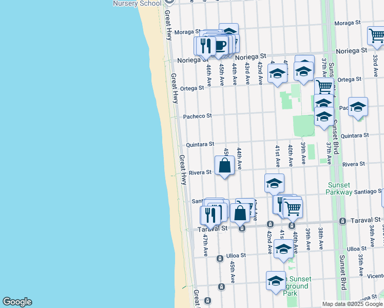 map of restaurants, bars, coffee shops, grocery stores, and more near 2171 47th Avenue in San Francisco