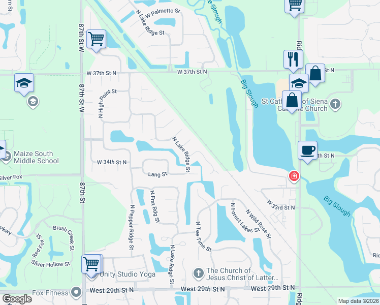 map of restaurants, bars, coffee shops, grocery stores, and more near 3414 North Lake Ridge Street in Wichita