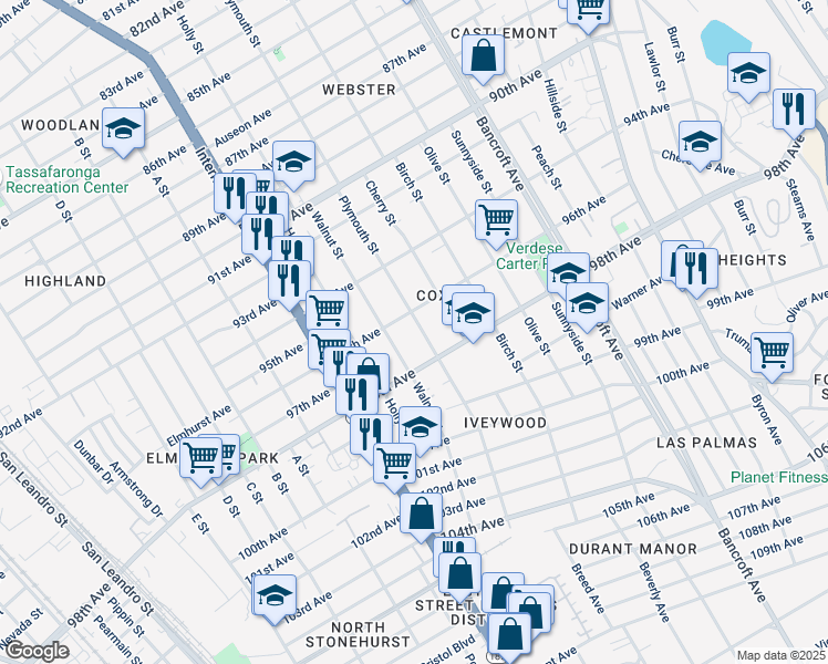 map of restaurants, bars, coffee shops, grocery stores, and more near 1641 98th Avenue in Oakland