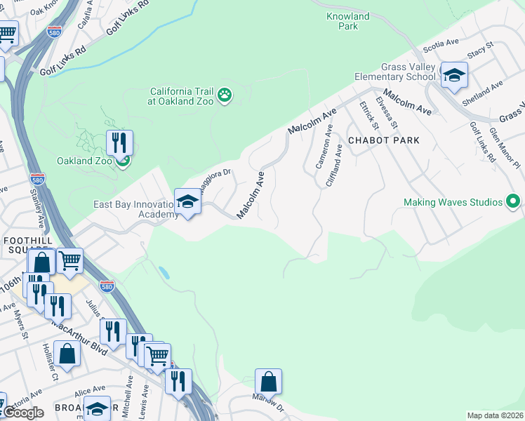 map of restaurants, bars, coffee shops, grocery stores, and more near 33 Leamont Court in Oakland