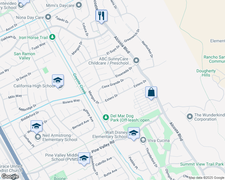 map of restaurants, bars, coffee shops, grocery stores, and more near 42 San Piedras Place in San Ramon