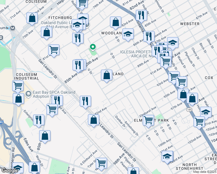 map of restaurants, bars, coffee shops, grocery stores, and more near 950 89th Avenue in Oakland