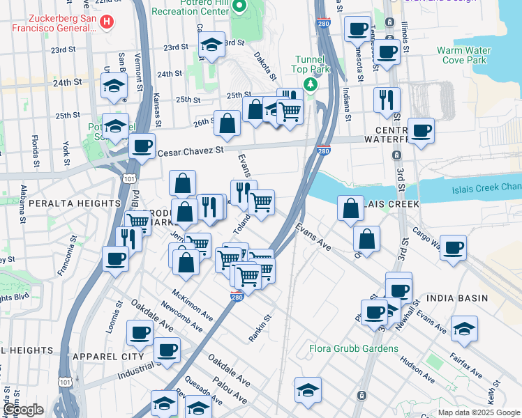 map of restaurants, bars, coffee shops, grocery stores, and more near 1995 Evans Avenue in San Francisco
