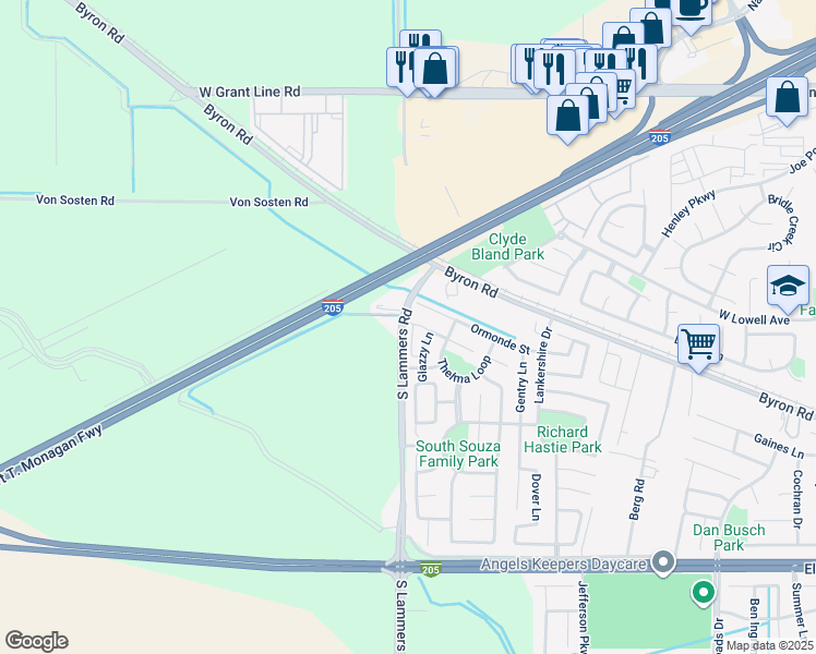 map of restaurants, bars, coffee shops, grocery stores, and more near 1669 Union Lane in Tracy