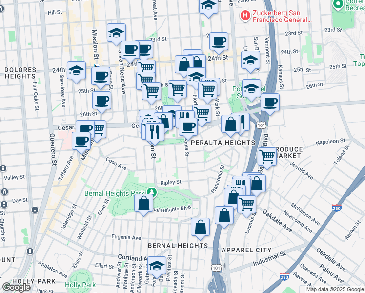 map of restaurants, bars, coffee shops, grocery stores, and more near 1681 Alabama Street in San Francisco