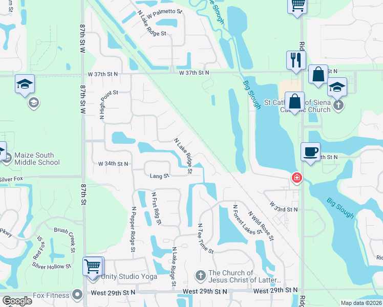 map of restaurants, bars, coffee shops, grocery stores, and more near 3414 North Lake Ridge Street in Wichita