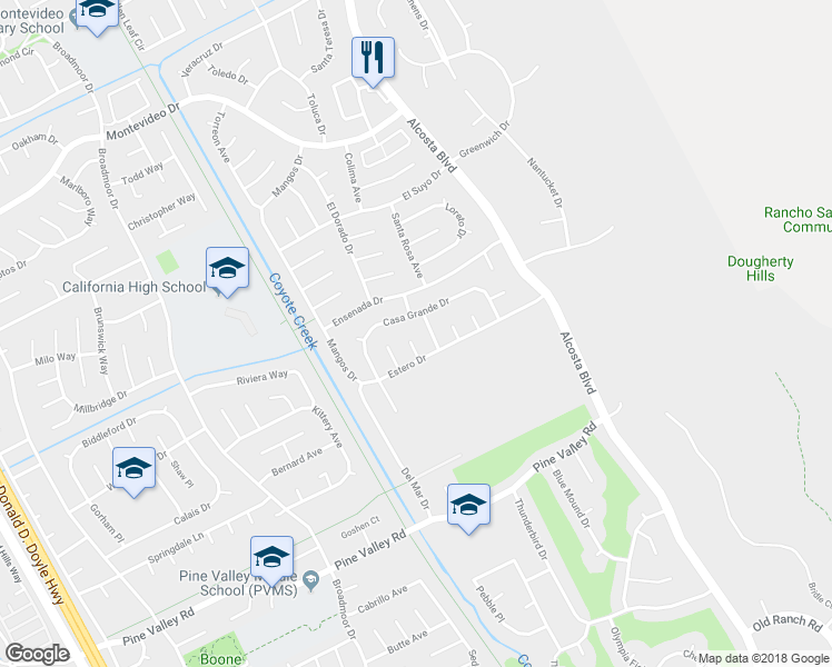 map of restaurants, bars, coffee shops, grocery stores, and more near 42 San Piedras Place in San Ramon