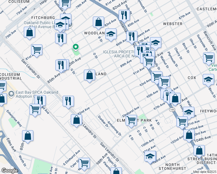 map of restaurants, bars, coffee shops, grocery stores, and more near 1037 91st Avenue in Oakland
