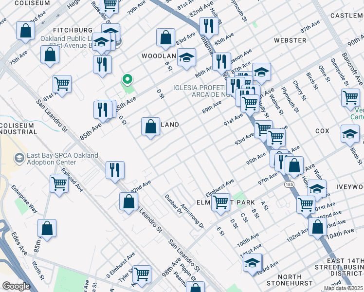 map of restaurants, bars, coffee shops, grocery stores, and more near 1039 91st Ave in Oakland
