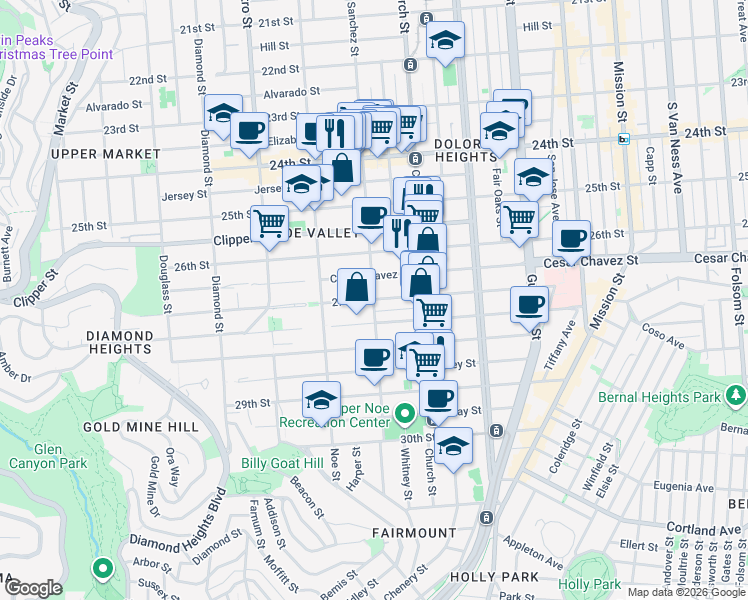map of restaurants, bars, coffee shops, grocery stores, and more near Sanchez St & 27th St in San Francisco
