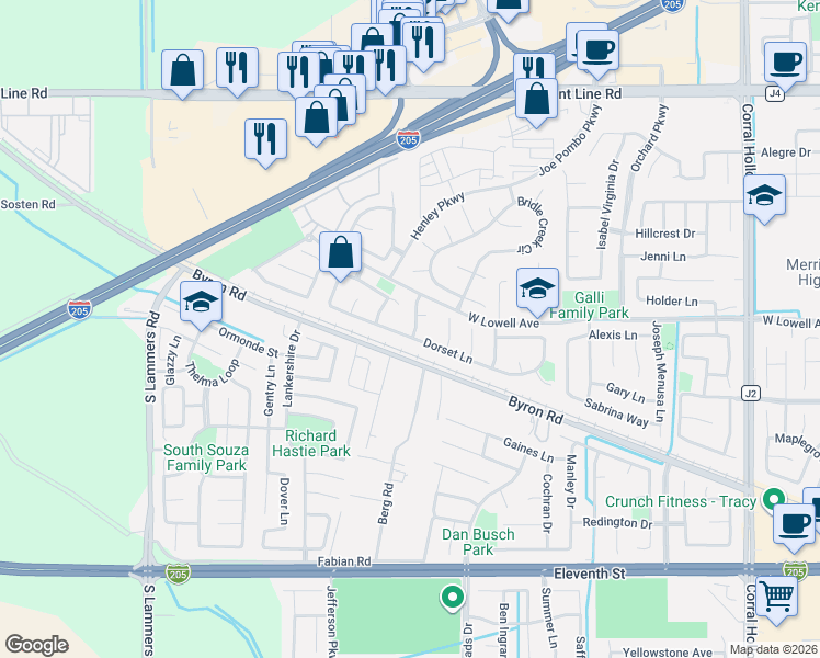 map of restaurants, bars, coffee shops, grocery stores, and more near 1750 Chartwell Lane in Tracy