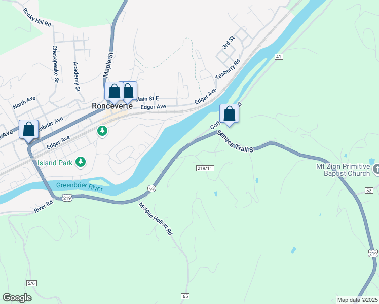 map of restaurants, bars, coffee shops, grocery stores, and more near 5842 Seneca Trail S in Ronceverte