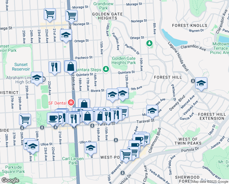 map of restaurants, bars, coffee shops, grocery stores, and more near 2174 14th Avenue in San Francisco