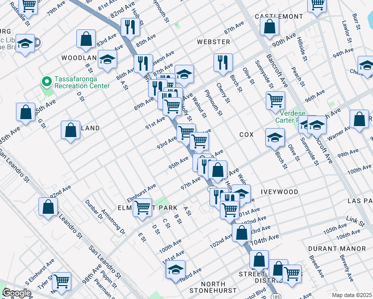 map of restaurants, bars, coffee shops, grocery stores, and more near 9415 International Boulevard in Oakland