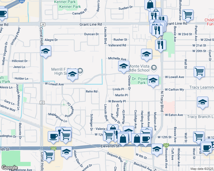 map of restaurants, bars, coffee shops, grocery stores, and more near 1676 Lincoln Boulevard in Tracy