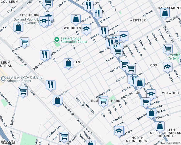 map of restaurants, bars, coffee shops, grocery stores, and more near 1155 91st Avenue in Oakland