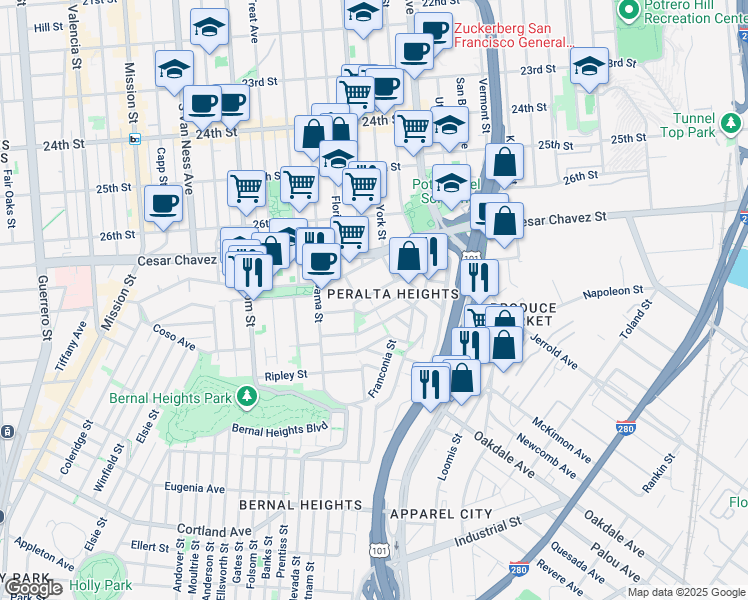 map of restaurants, bars, coffee shops, grocery stores, and more near in San Francisco
