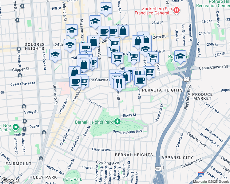 map of restaurants, bars, coffee shops, grocery stores, and more near 3147 Folsom Street in San Francisco