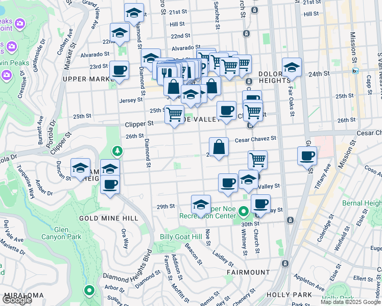 map of restaurants, bars, coffee shops, grocery stores, and more near 4182 Cesar Chavez in San Francisco