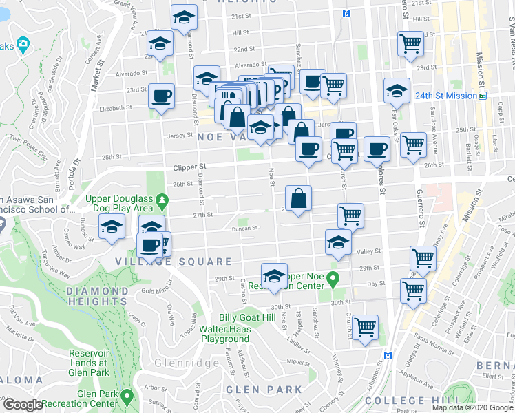 map of restaurants, bars, coffee shops, grocery stores, and more near 4182 Cesar Chavez in San Francisco