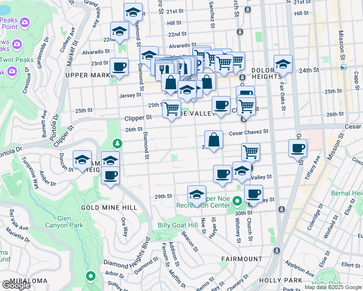 map of restaurants, bars, coffee shops, grocery stores, and more near 4182 Cesar Chavez in San Francisco