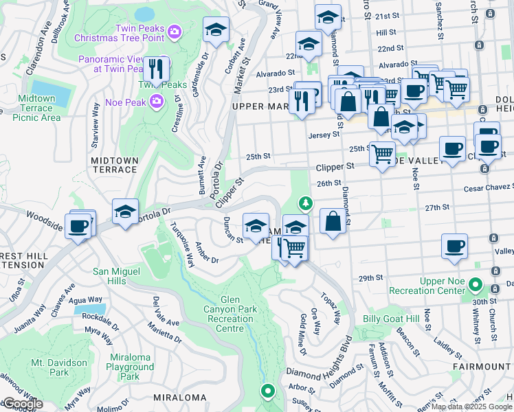 map of restaurants, bars, coffee shops, grocery stores, and more near 10 Carnelian Way in San Francisco