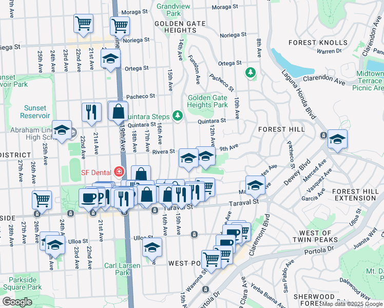 map of restaurants, bars, coffee shops, grocery stores, and more near 2174 14th Avenue in San Francisco