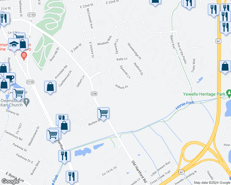 map of restaurants, bars, coffee shops, grocery stores, and more near 2949-2967 Asbury Pl in Owensboro